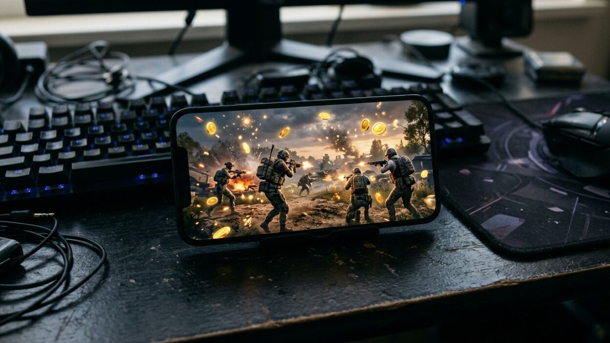 Смартфон с мобильным шутером и золотые монеты — пополнение UC для PUBG Mobile
